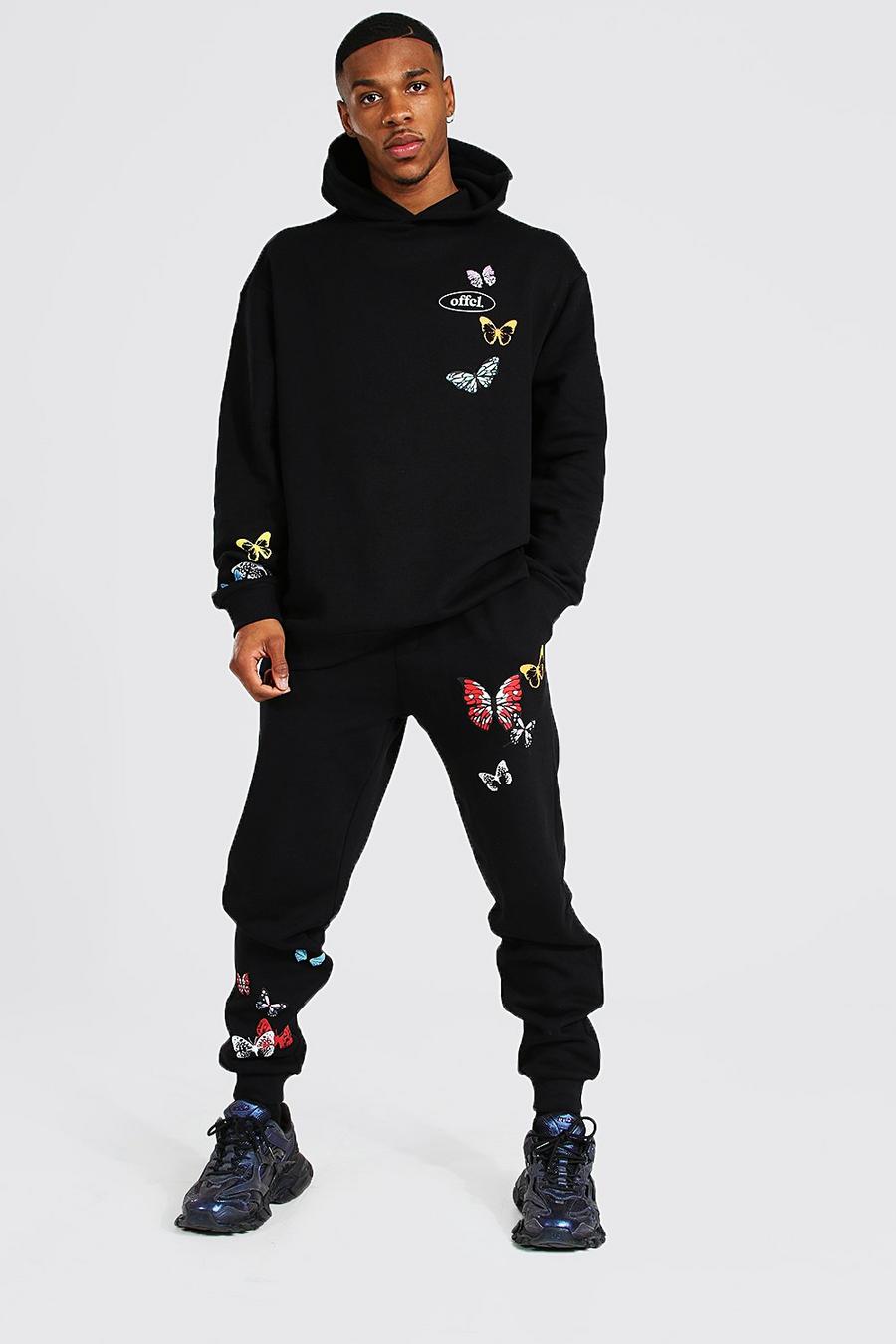Black svart Offcl Oversize träningsoverall med hoodie och fjärilar image number 1
