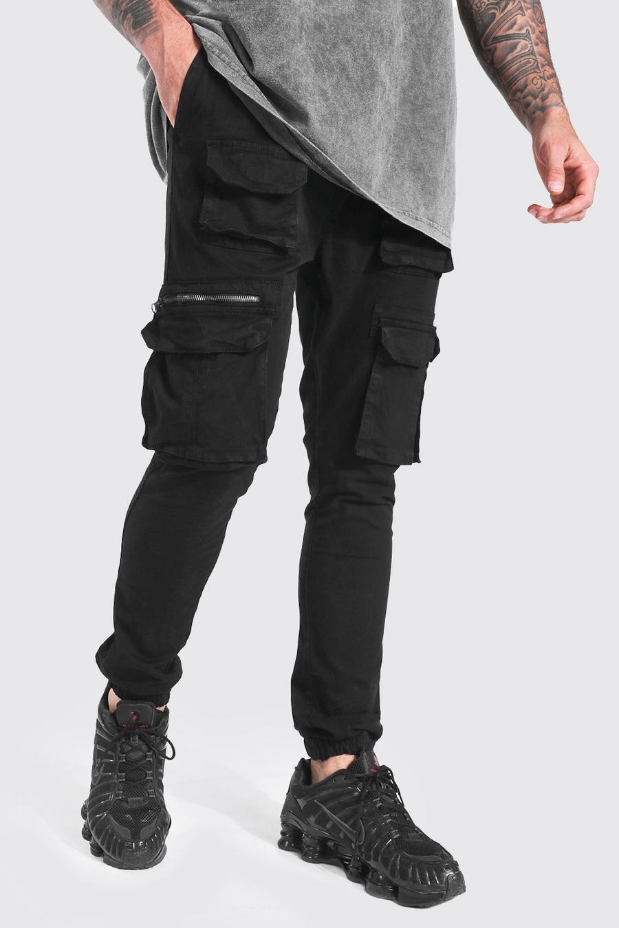 Pantalon cargo coupe normale en sergé à poches multiples, Noir black image number 1