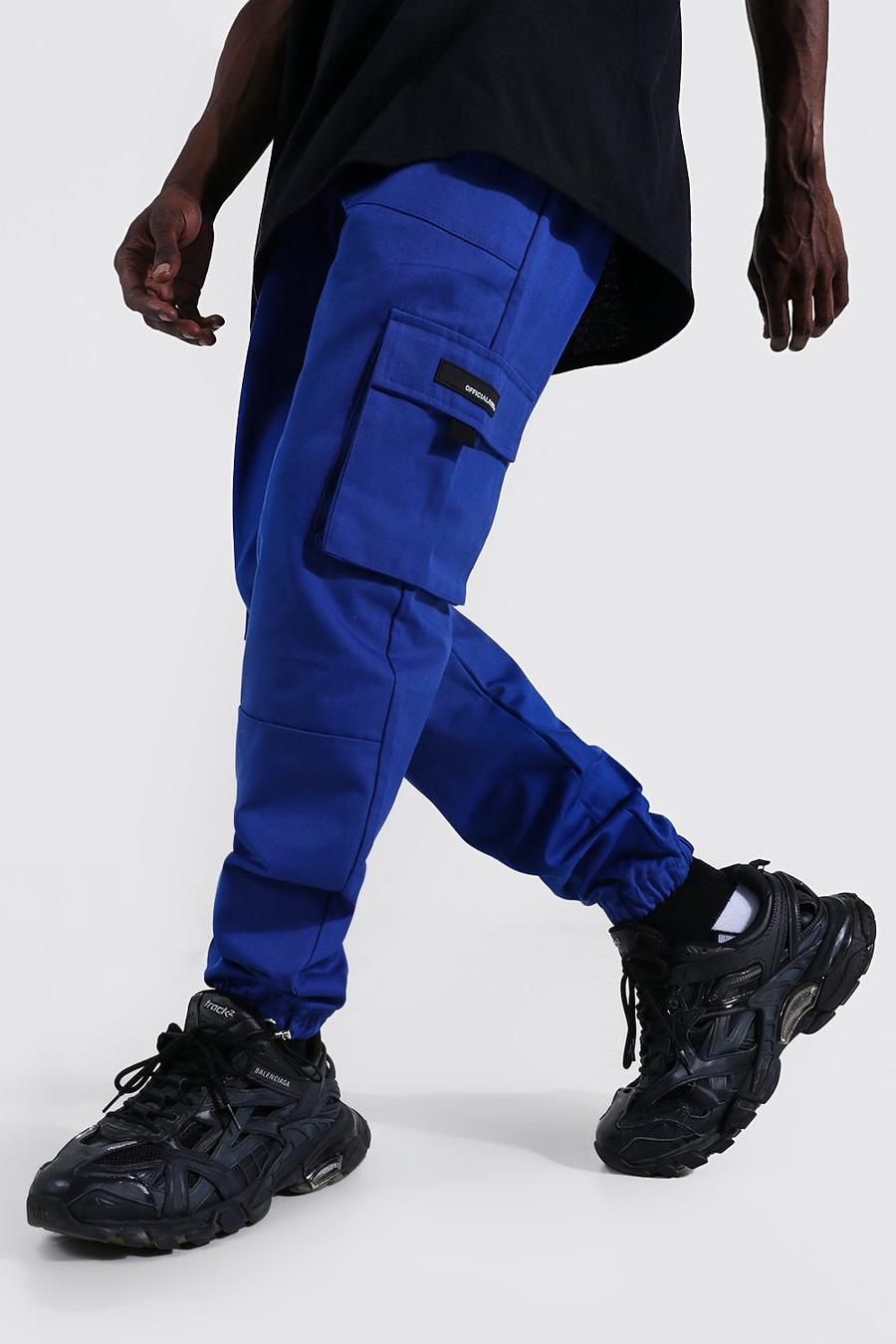 Pantalón cargo de sarga con detalle de etiqueta de goma, Azul image number 1