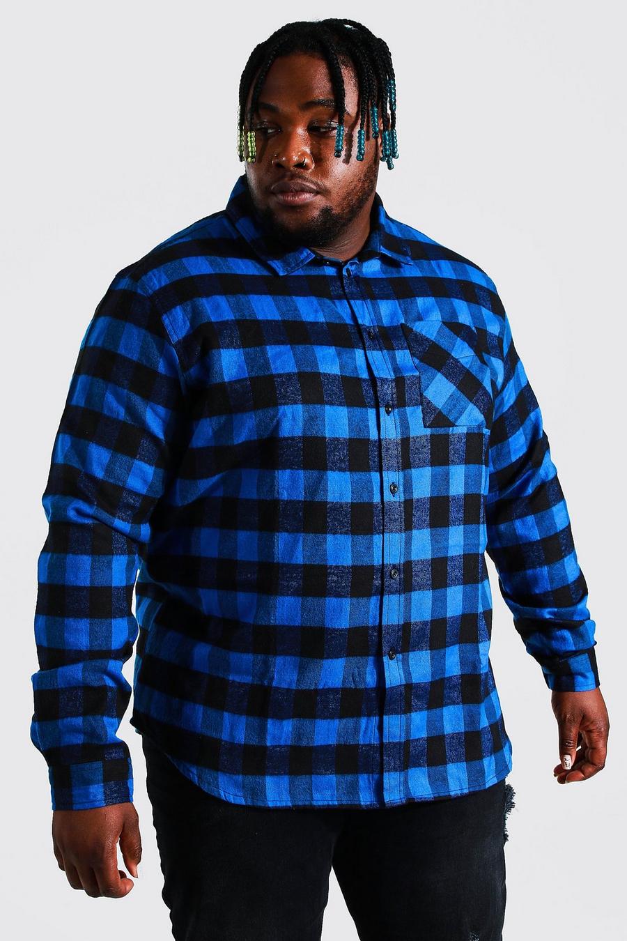 Camisa Plus de manga larga y franela con cuadros, Cobalt azul image number 1