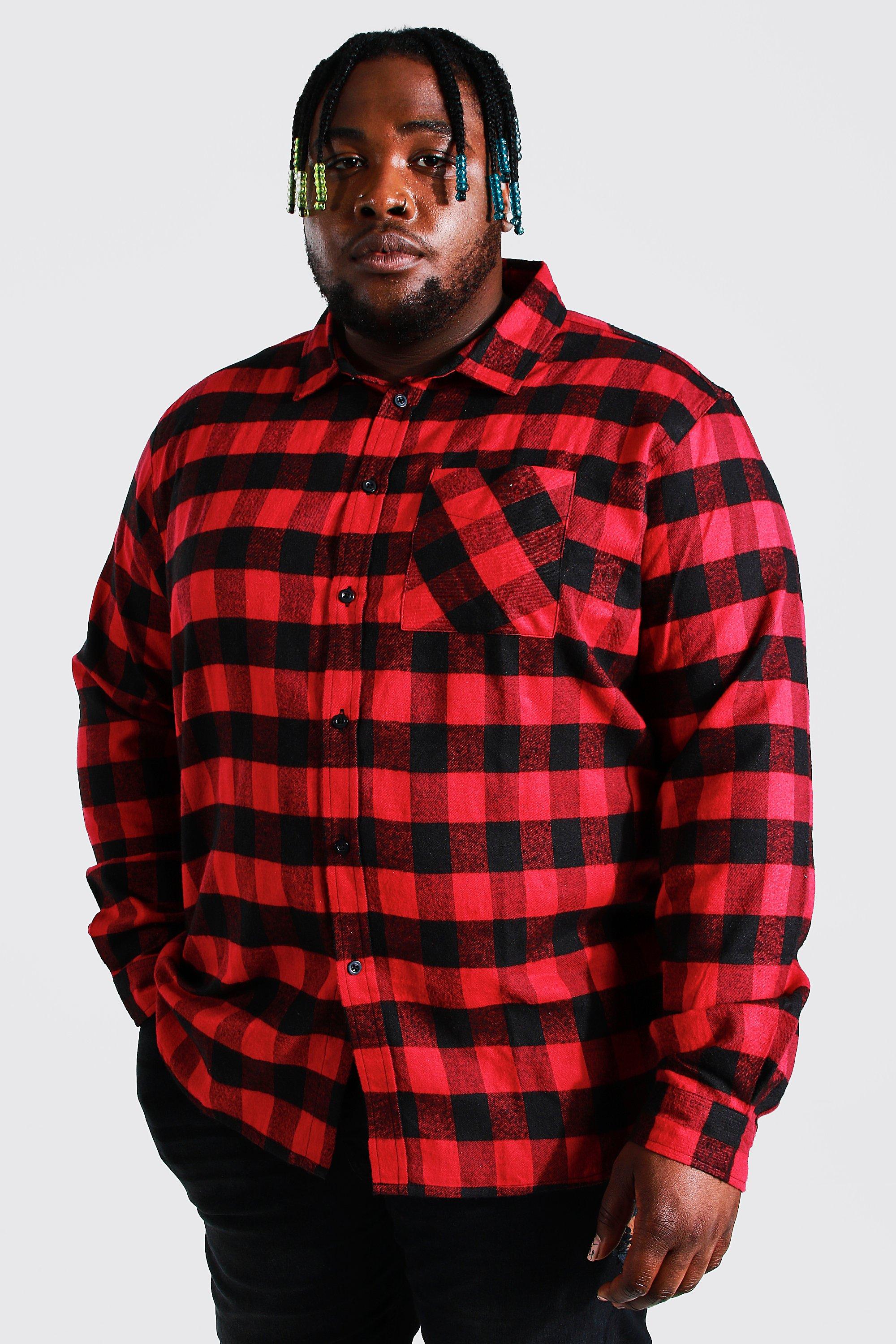 Men's Plus Long Flannel Buffalo Check Shirt | Boohoo UK