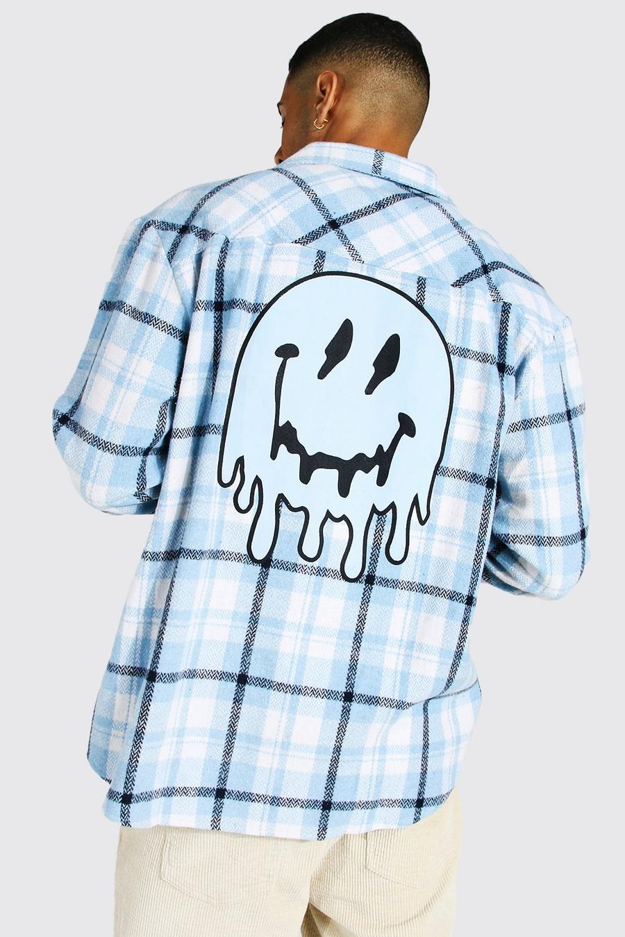 Blue Oversized Check Drip Face Back Print Shirt image number 1