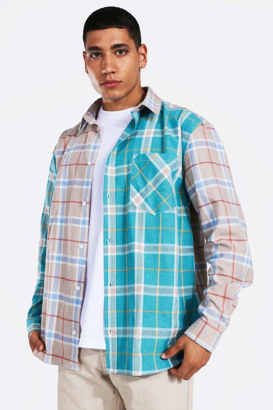 Taupe Oversized Spliced Check Shirt image number 1