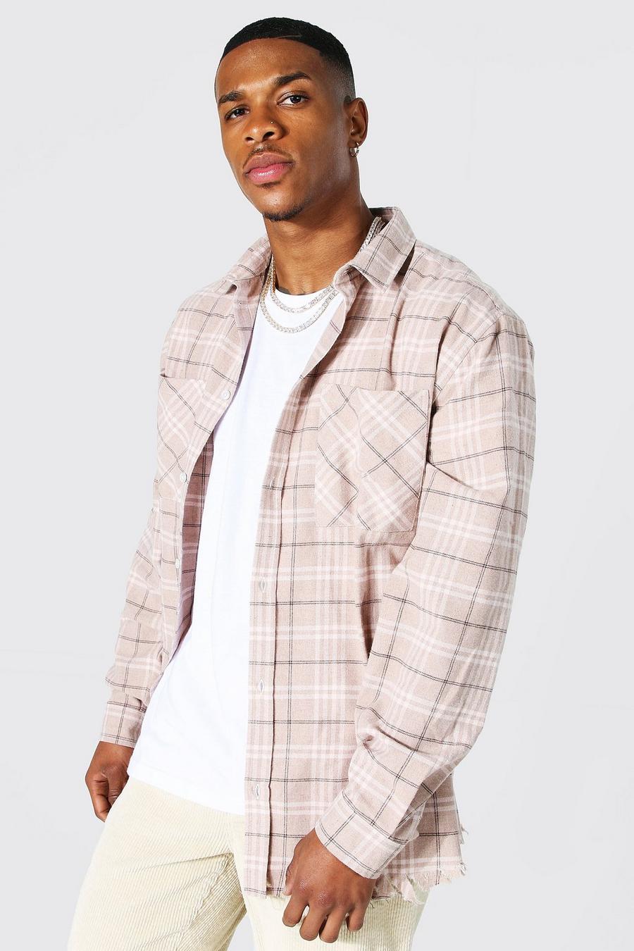 Beige Oversized Distressed Check Shirt image number 1