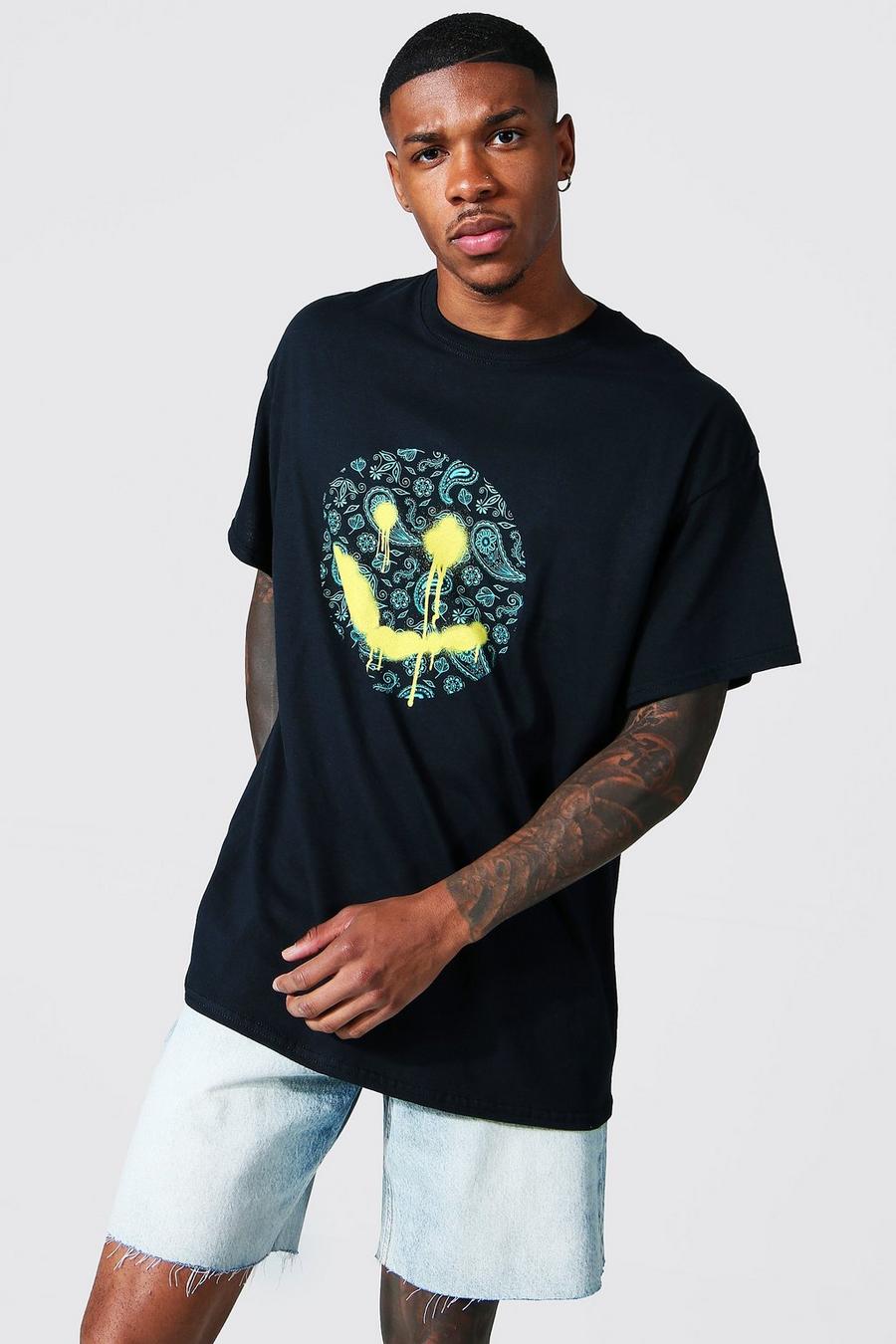 T-shirt oversize in fantasia cachemire con grafica di Smiley stile graffiti, Black nero image number 1