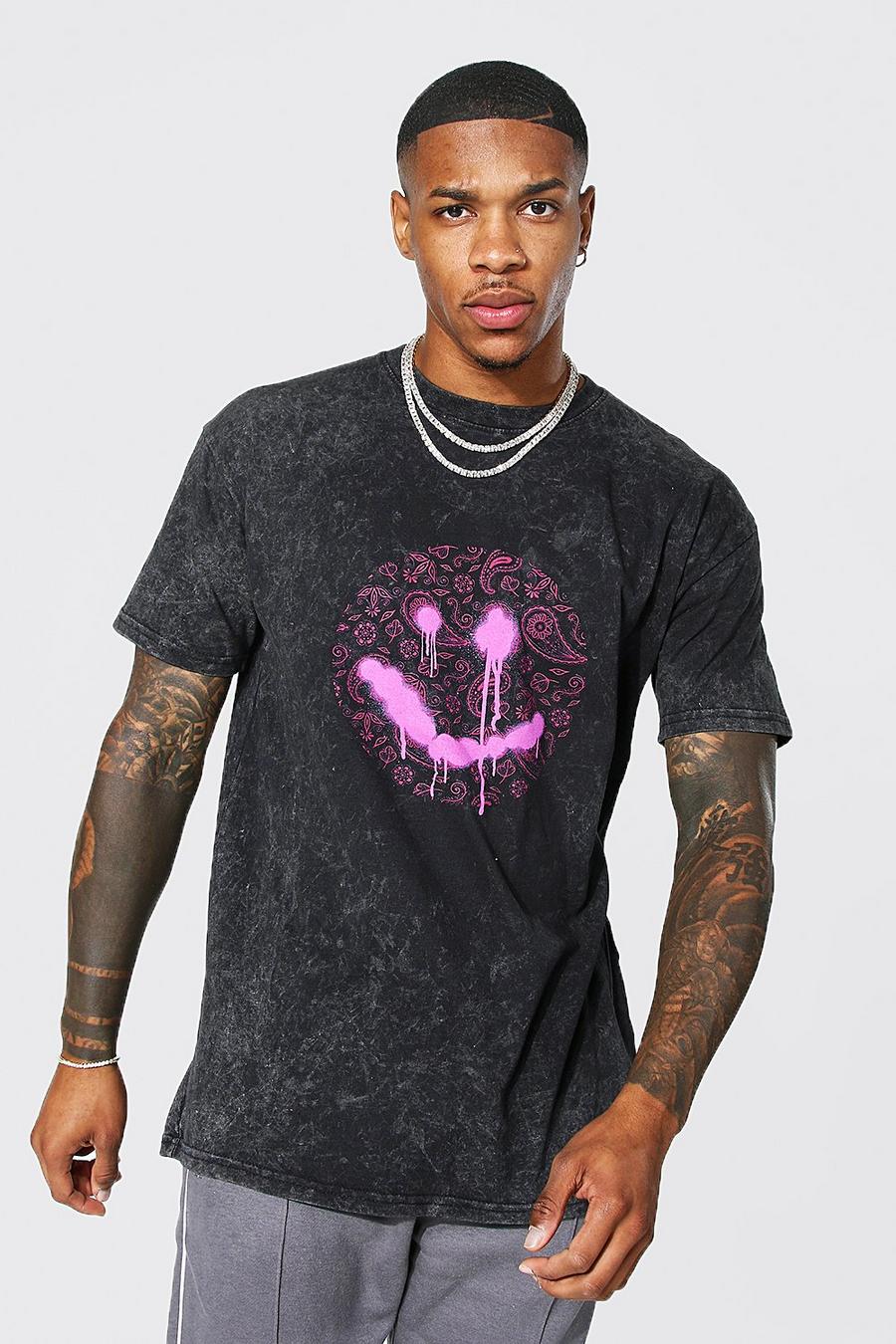 Charcoal Oversized Paisley Drip Face Acid Wash T-shirt image number 1