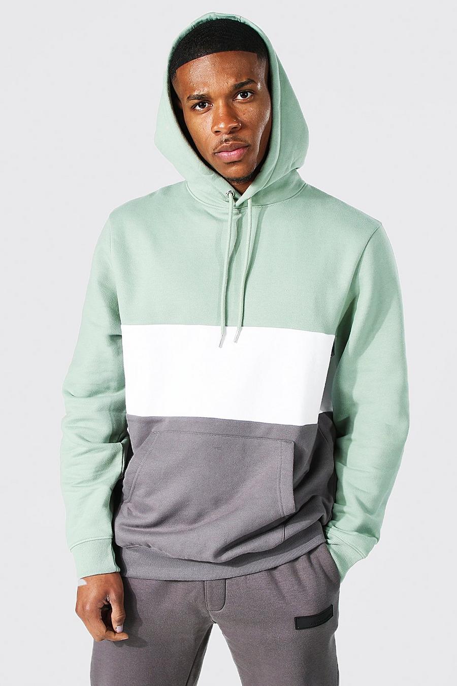 Sage green Colour Block Over The Head Hoodie image number 1