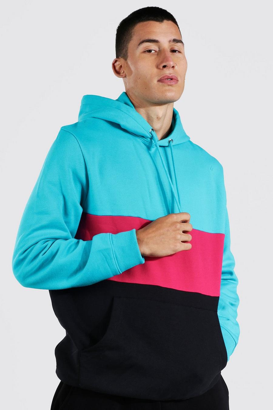 Blue blå Colour Block Over The Head Hoodie image number 1
