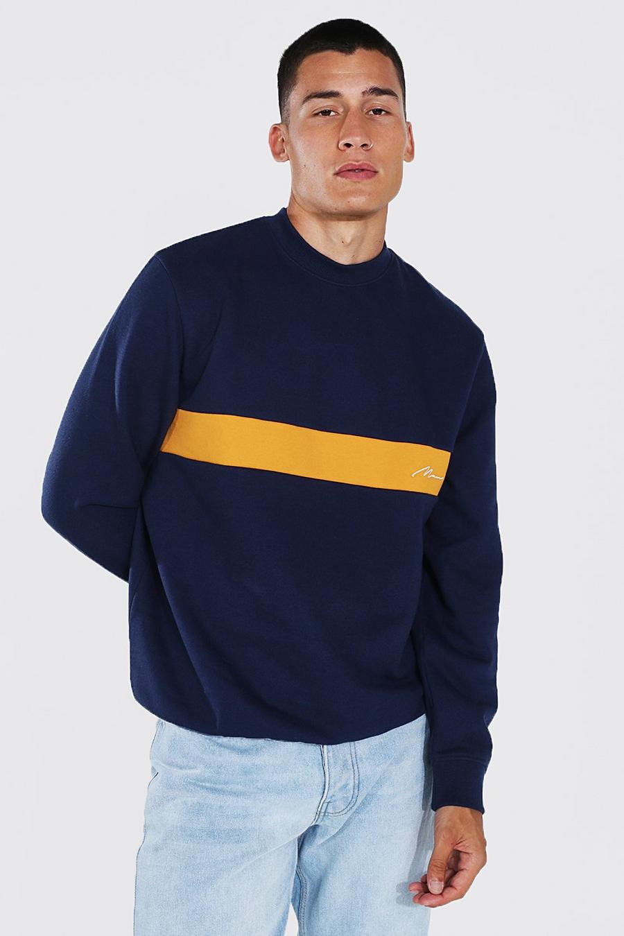 Navy marinblå Man Signature Sweatshirt med blockfärger image number 1