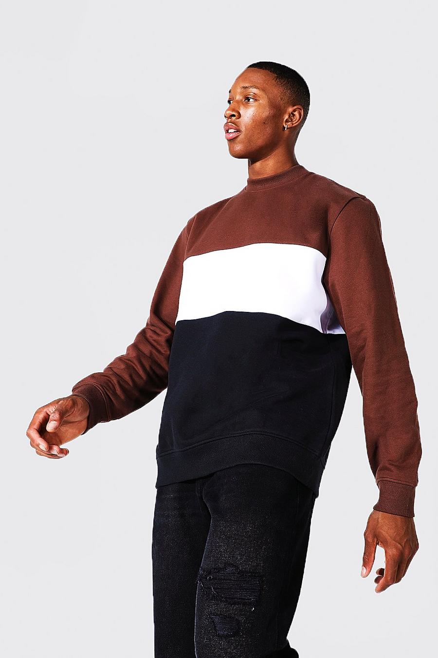 Chocolate brun Sweatshirt med blockfärger image number 1