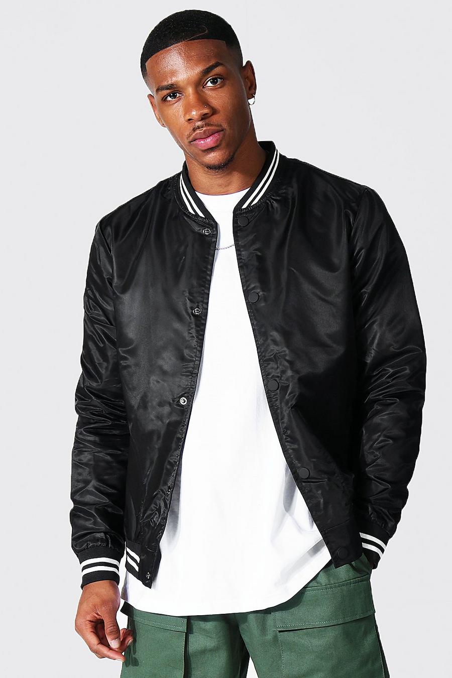 Black Satin Bomber With Striped Rib image number 1