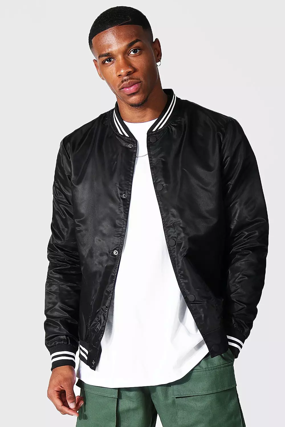 Mens black discount satin bomber jacket