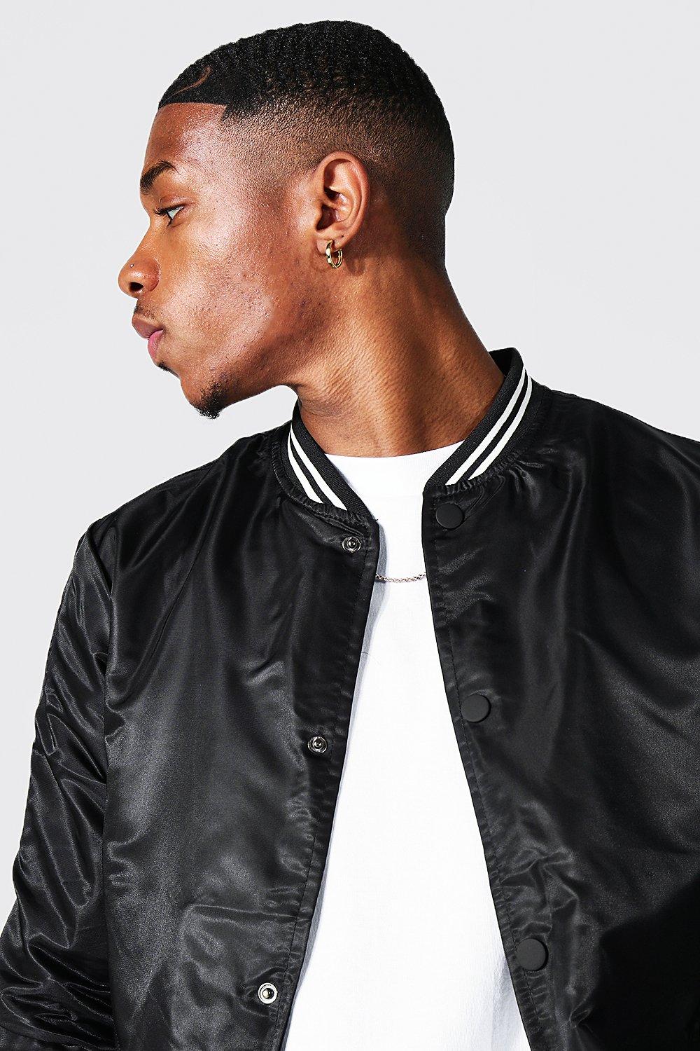 ASOS DESIGN embroidered satin varsity bomber jacket in black