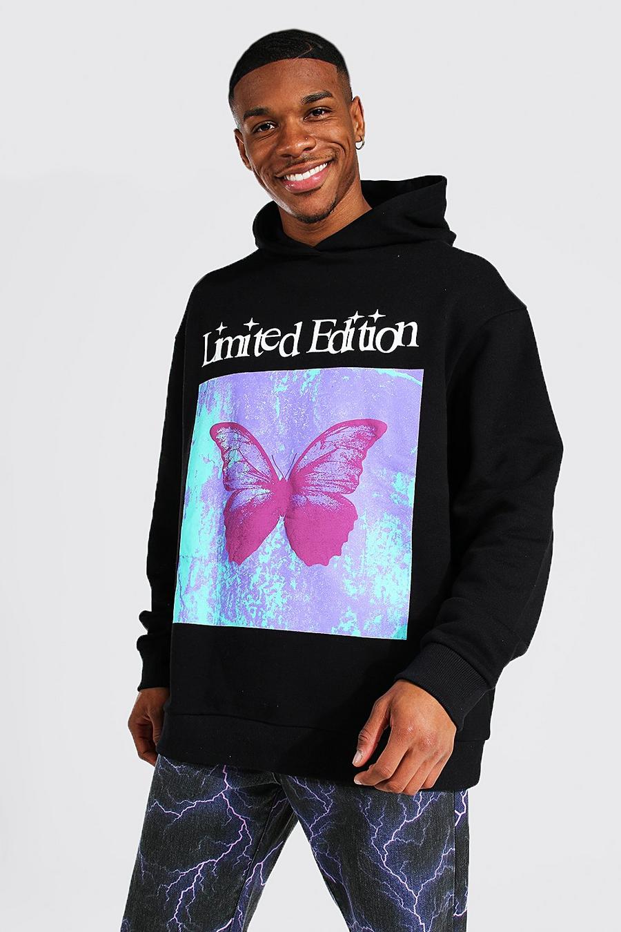 Sudadera con capucha oversize Limited Edition con estampado de mariposas, Black nero image number 1
