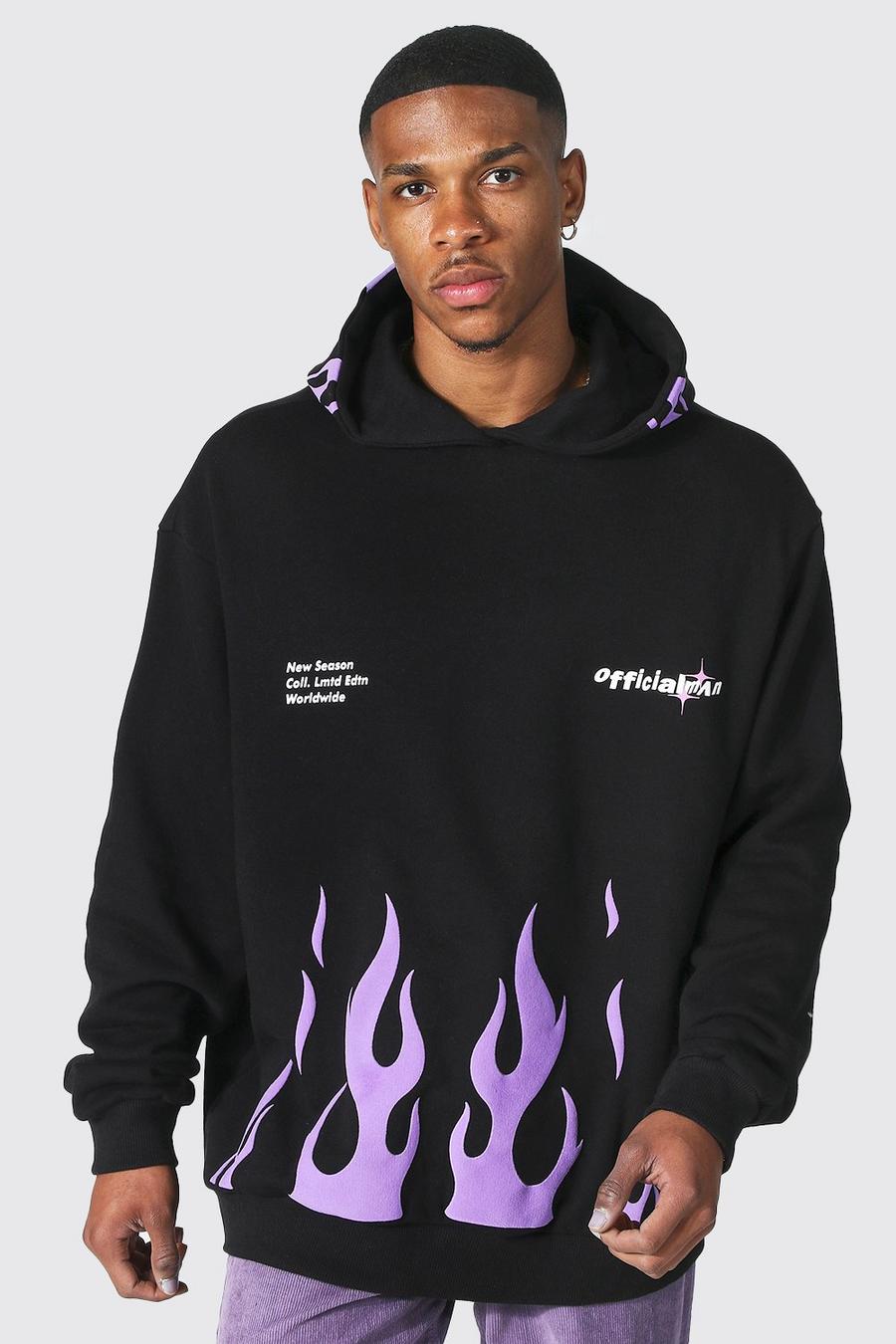 Black svart Oversize hoodie med eldsflammor image number 1