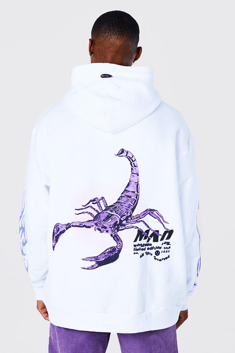 White Oversized Back Print Scorpion Hoodie image number 1