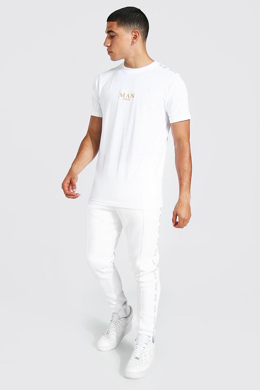 White blanc Man Gestreept Gouden T-Shirt Met Biezen En Joggingbroek Set image number 1
