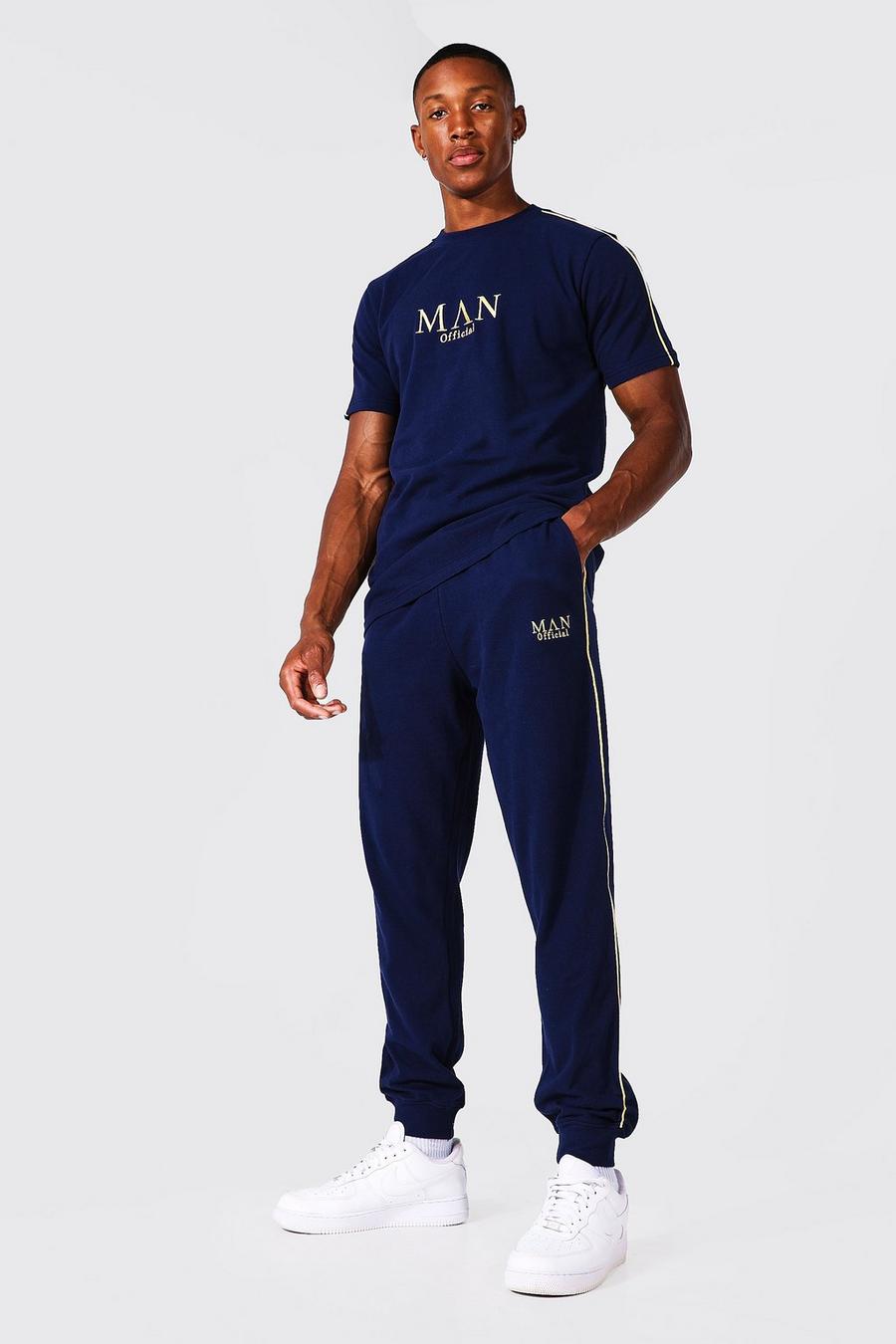 Navy marineblau Man Gouden T-Shirt En Joggingbroek Set Met Biezen image number 1
