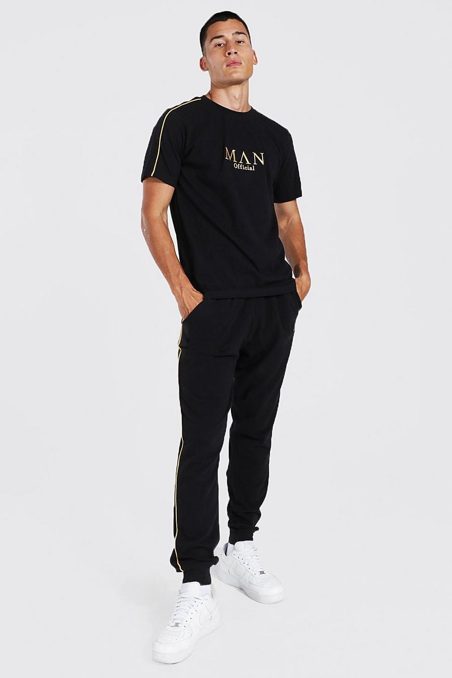 Pantalón deportivo con ribete y camiseta con letras MAN doradas, Black negro image number 1