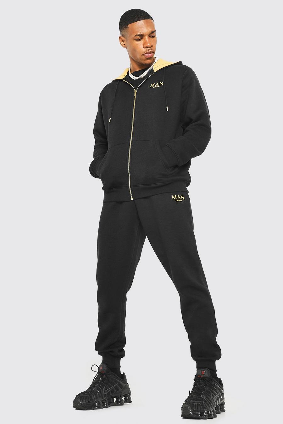 Man Gold Trainingsanzug mit Kapuze und Reißverschluss, Black schwarz image number 1