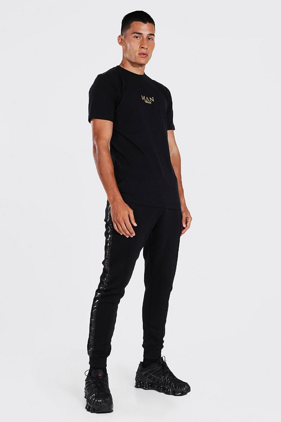 Black svart Man Gold Taped T-Shirt And Pintuck Joggers Set image number 1