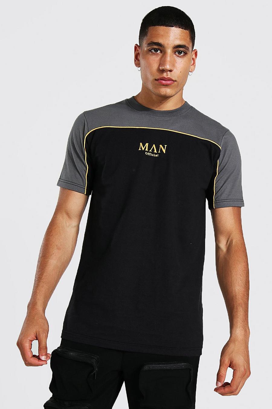 Camiseta con letras MAN doradas y colores en bloque, Black negro image number 1