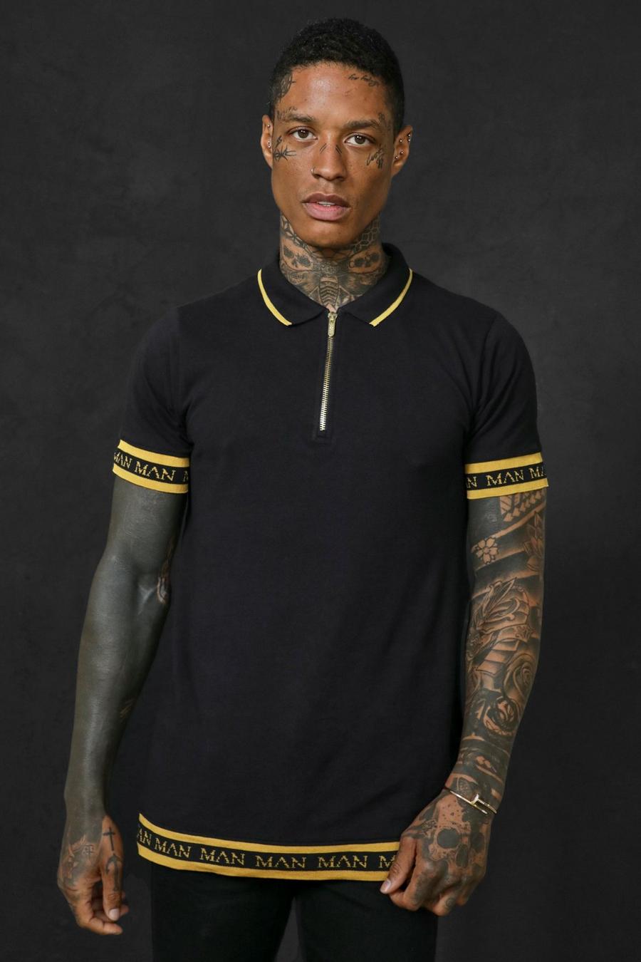 Man Gold Slim-Fit Poloshirt mit Reißverschluss, Black image number 1