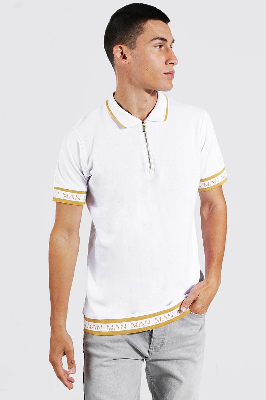 White Slim Fit Man Gold Tape Pique Zip Polo image number 1