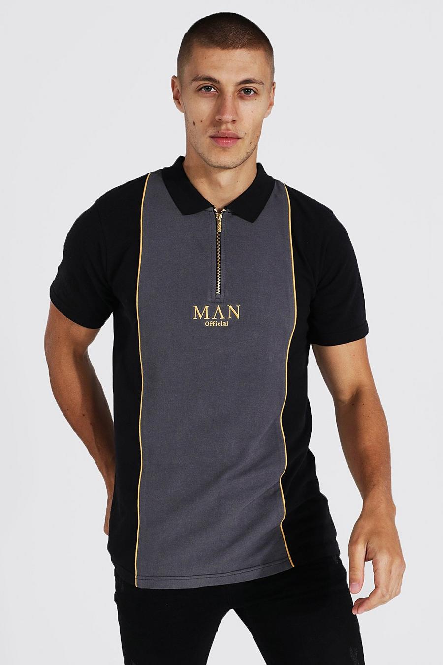 שחור חולצת פולו פיקה קולור בלוק בגזרה צרה עם רוכסן וכיתוב Man בזהב image number 1