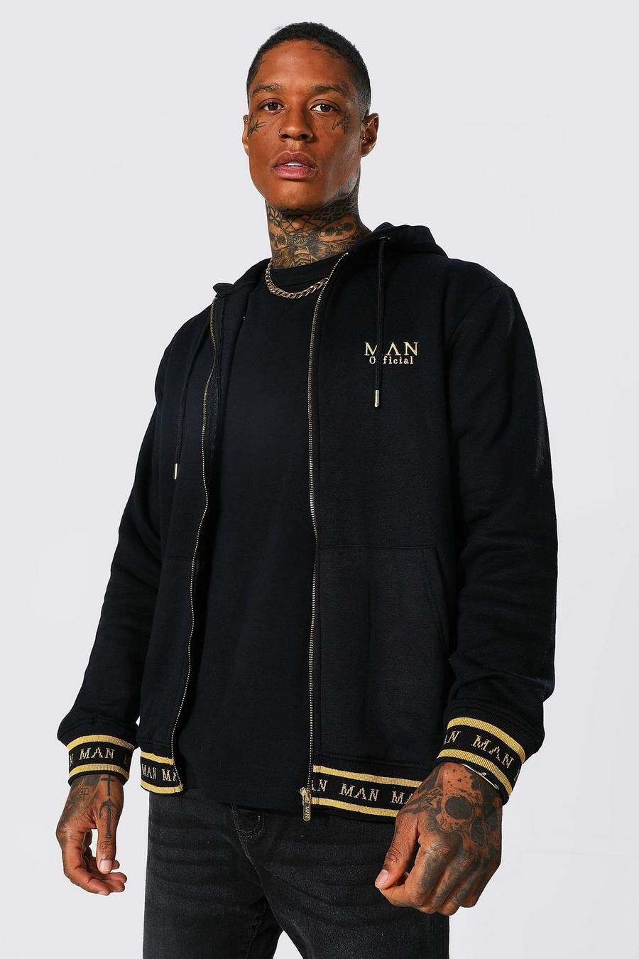 Black Man Gold Zip Through Hoodie With Intarsia Hem image number 1