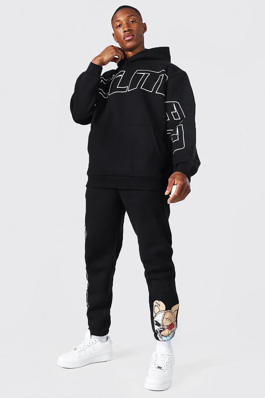 Black Oversized Ofcl Man Teddy Hooded Tracksuit image number 1