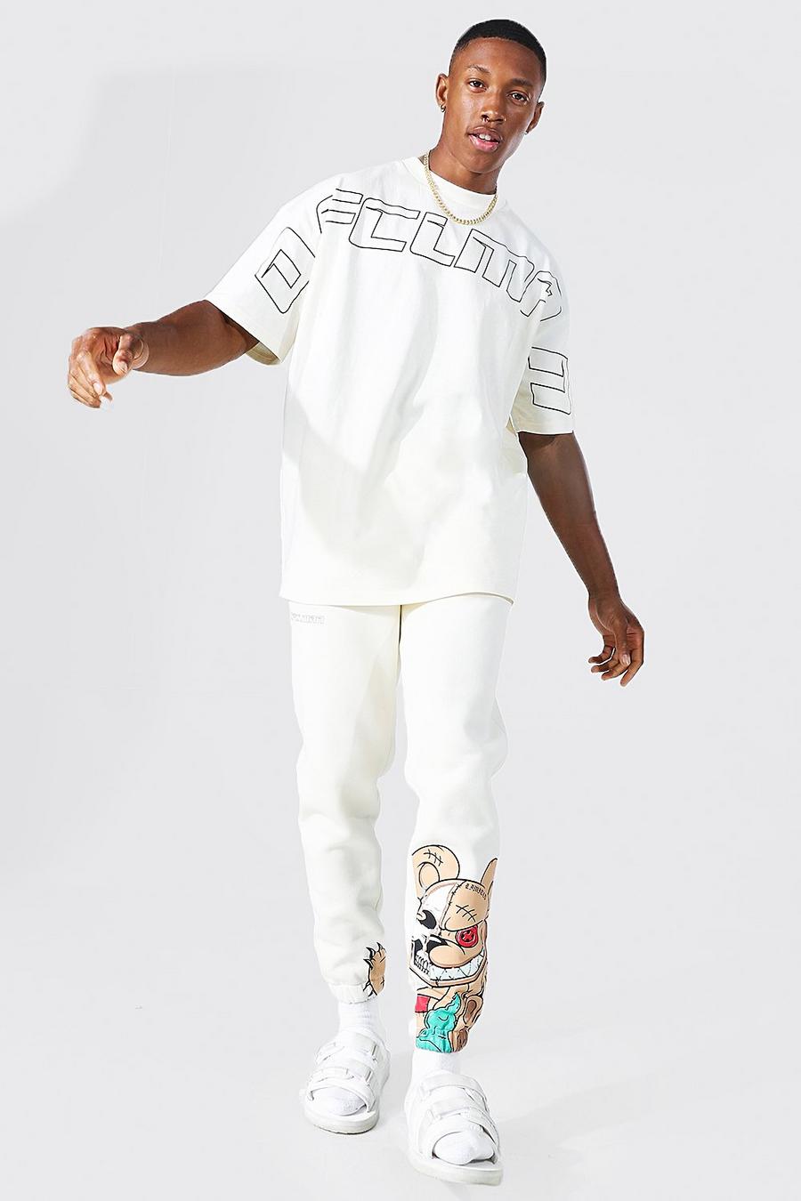 Ecru blanc Oversized Teddy Ofcl Man Trainingspak Met T-Shirt image number 1