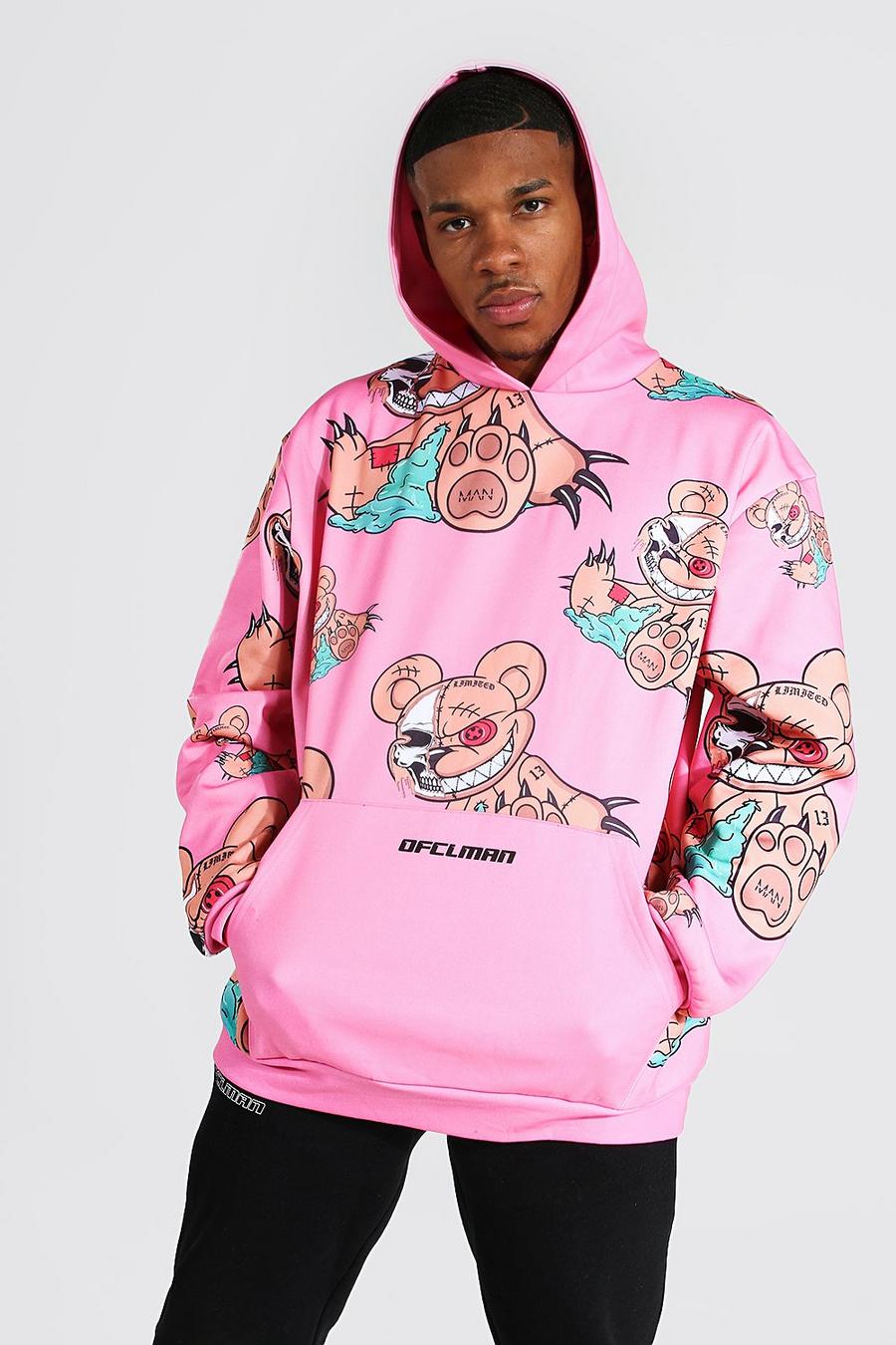 Pink Oversized All Over Teddy Print Hoodie image number 1