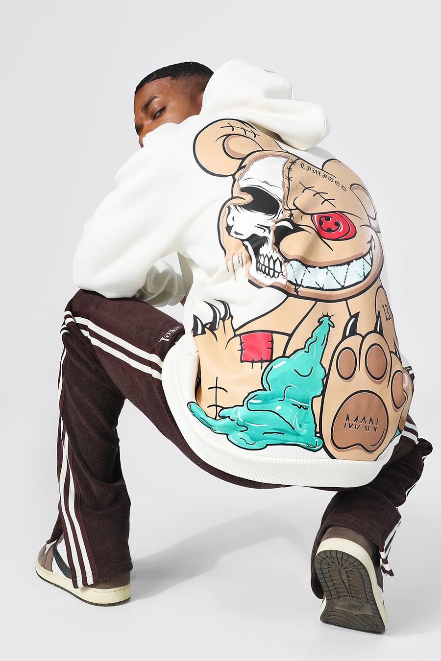 Felpa oversize Ofcl Man con grafica Teddy e cappuccio, Ecru blanco