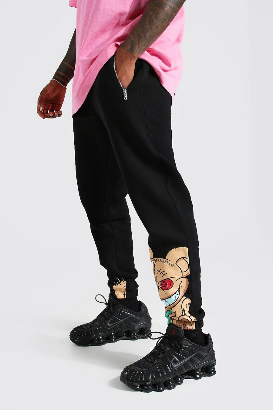 Black Regular Fit Teddy Graphic Joggers image number 1