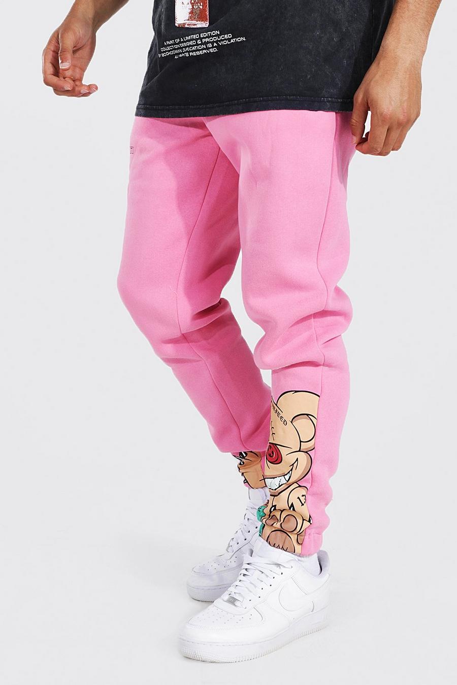 Pantalón deportivo Regular con estampado gráfico de osito de peluche, Pink image number 1