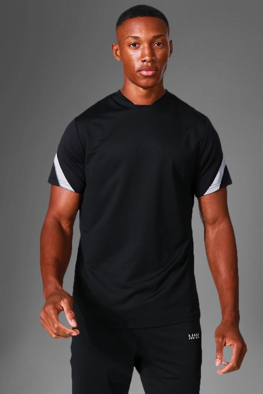 Black schwarz Man Active Pattern Sleeve Performance T Shirt image number 1