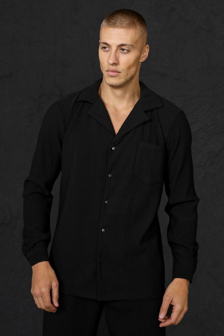Black Långärmad plisserad skjorta med bowlingkrage image number 1