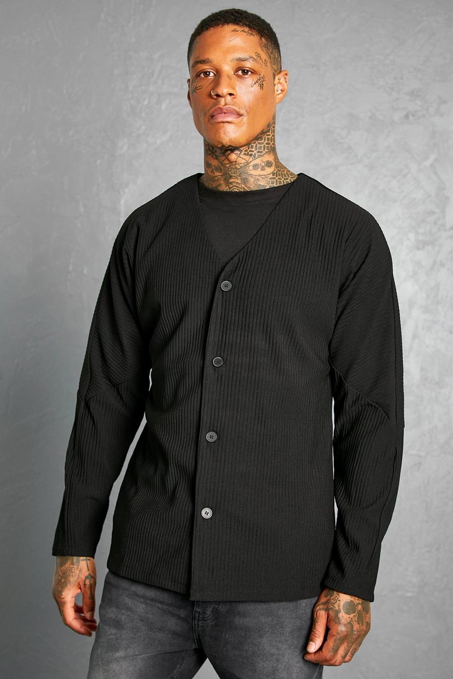 Black Long Sleeve Pleated Collarless Shirt image number 1