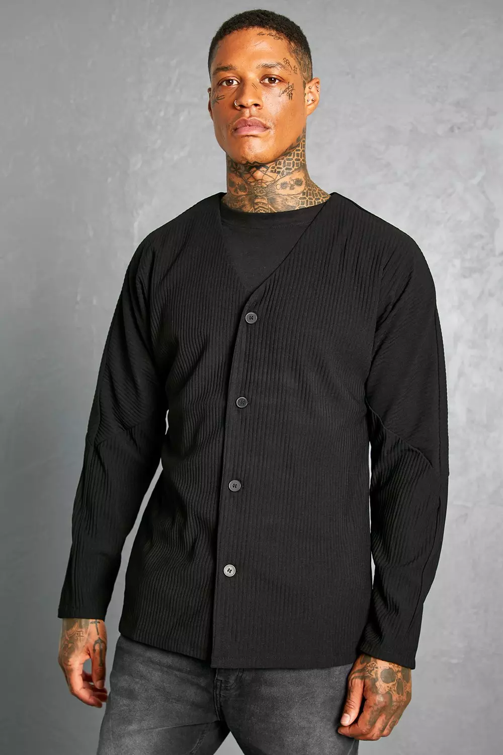 Mens black collarless outlet dress shirt