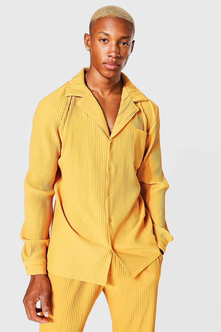 Mustard yellow Long Sleeve Revere Pleated Shirt image number 1