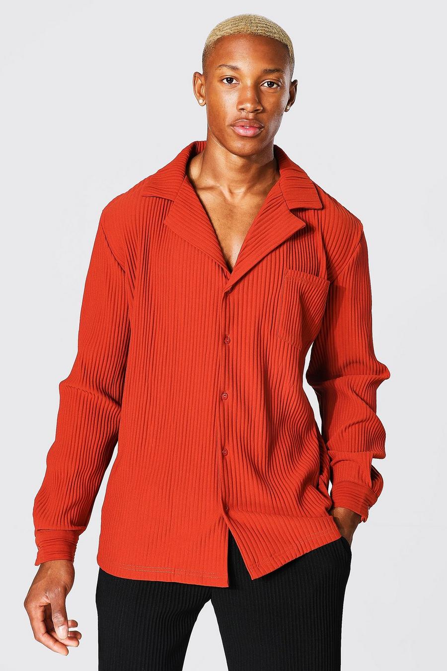 Rust Long Sleeve Revere Pleated Shirt image number 1