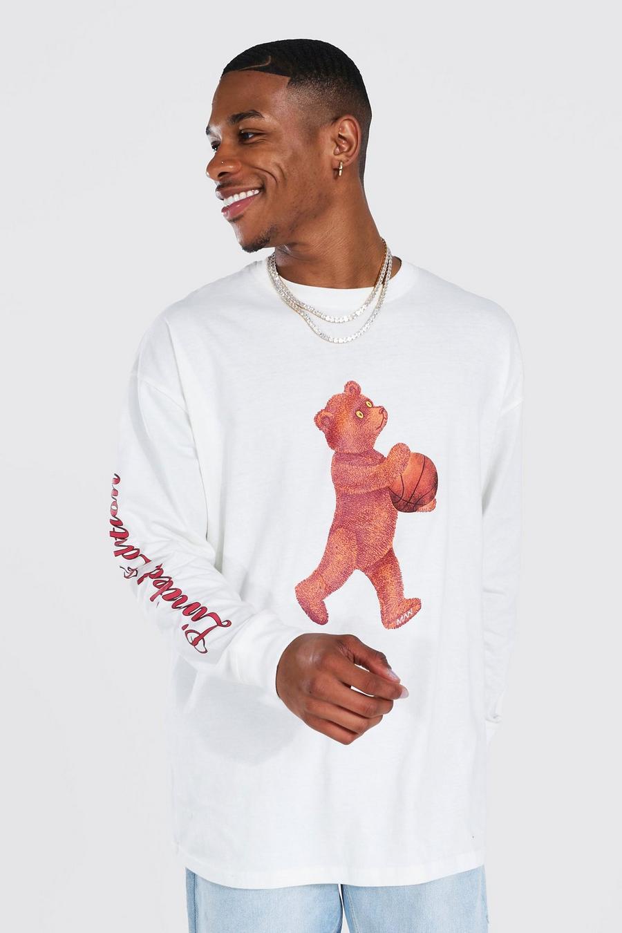 T-shirt à manches longues oversize à imprimé ours en peluche, Ecru blanc image number 1