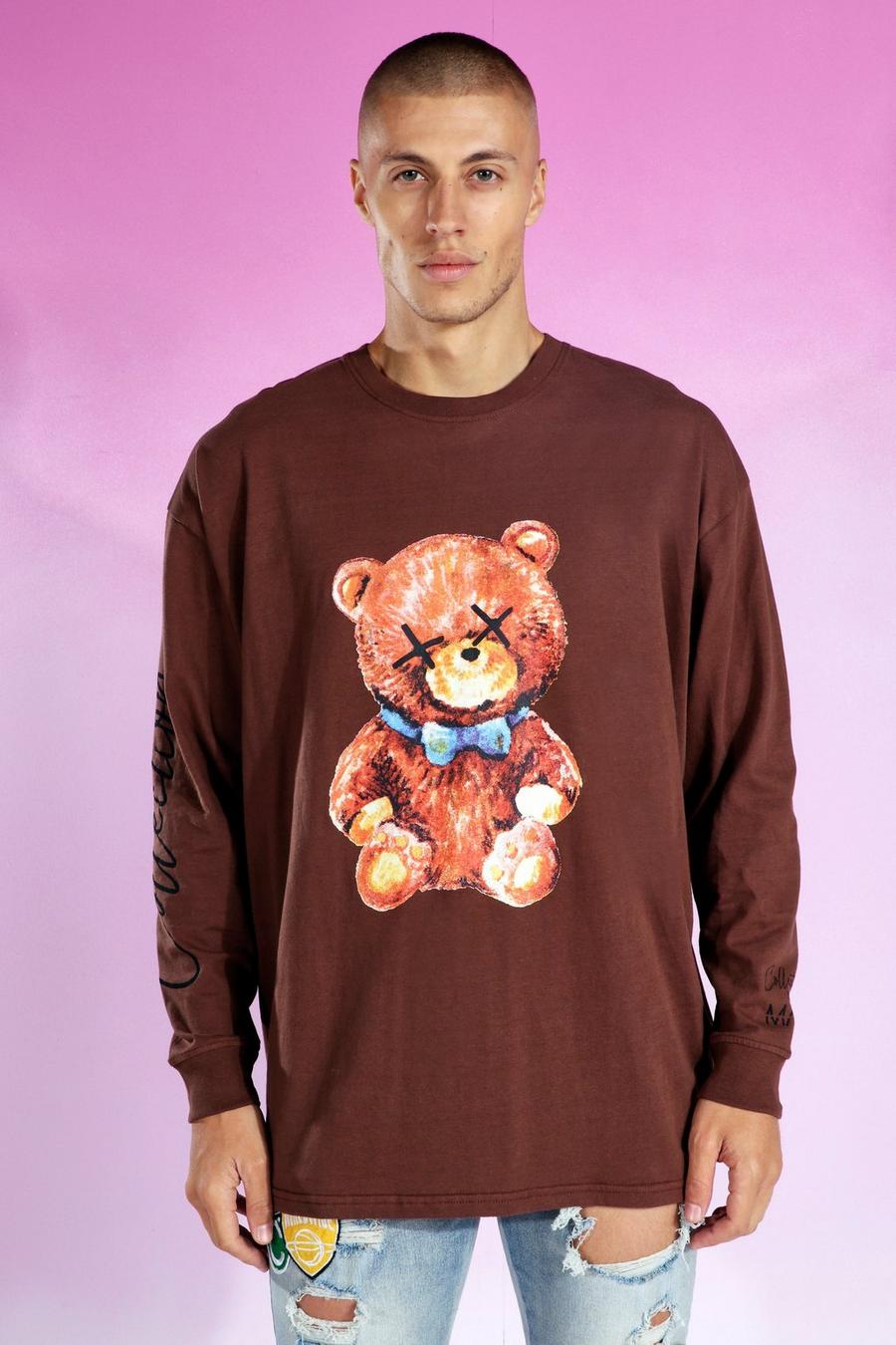 T-shirt oversize à manches longues et imprimé ours en peluche, Chocolate marron image number 1