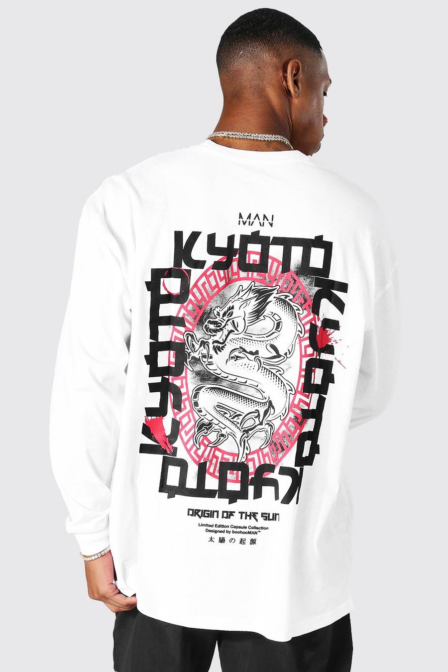 Camiseta oversize de manga larga con estampado de dragón Kyoto, White blanco