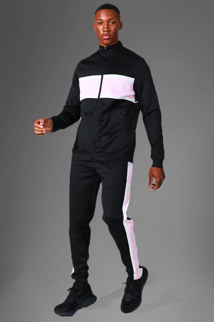 Man Active Colorblock Trainingsanzug mit Trichterkragen, Black noir image number 1