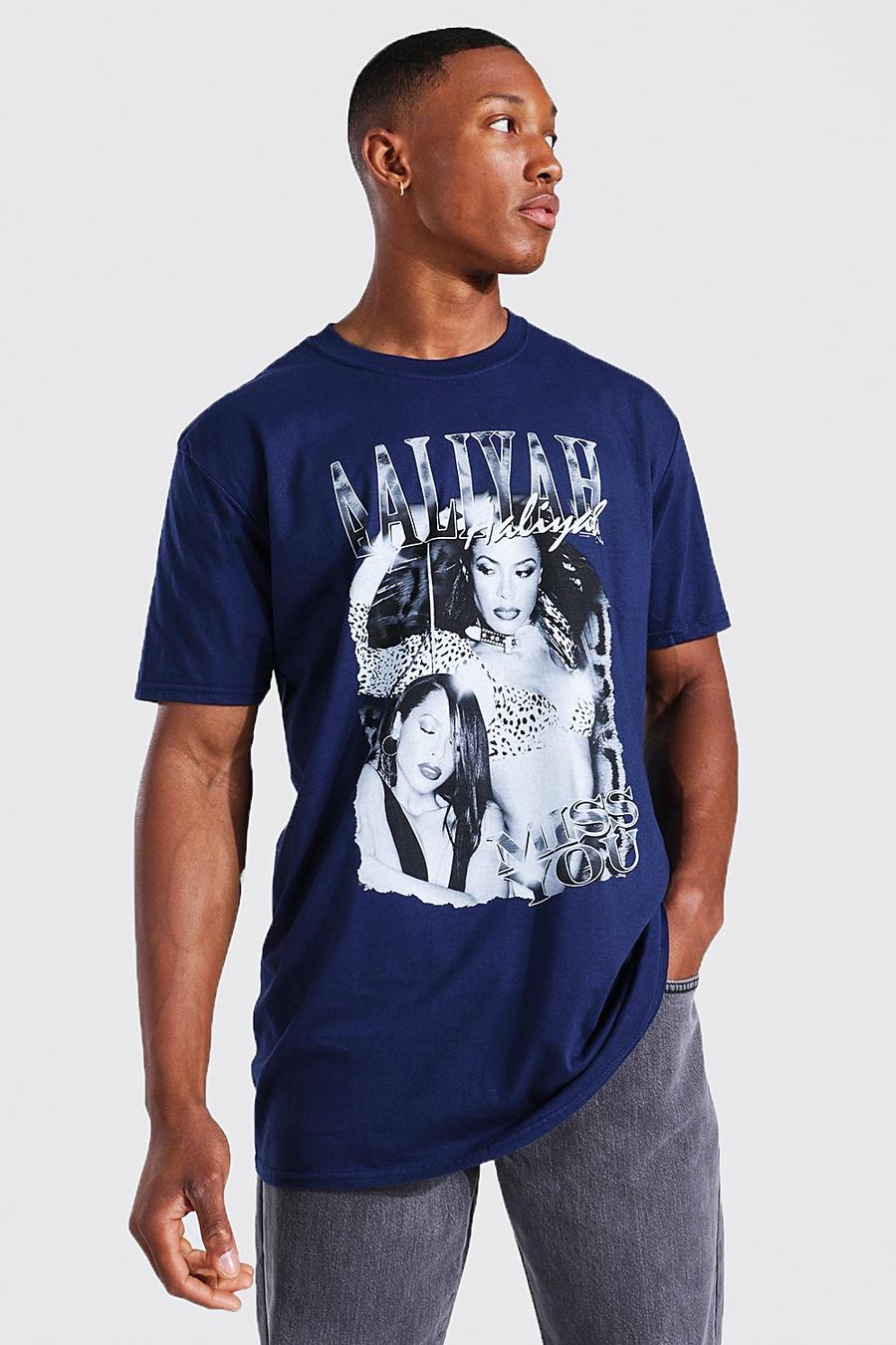 נייבי טישרט אוברסייז ממותג עם הדפס Aaliyah image number 1