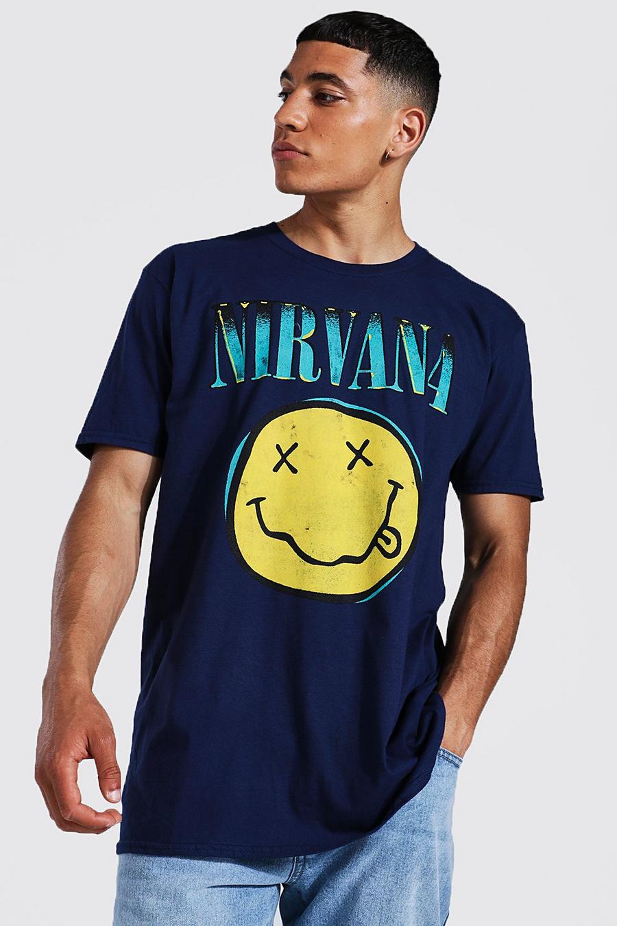Navy marineblau Oversized Gelicenseerd Nirvana Logo T-Shirt image number 1