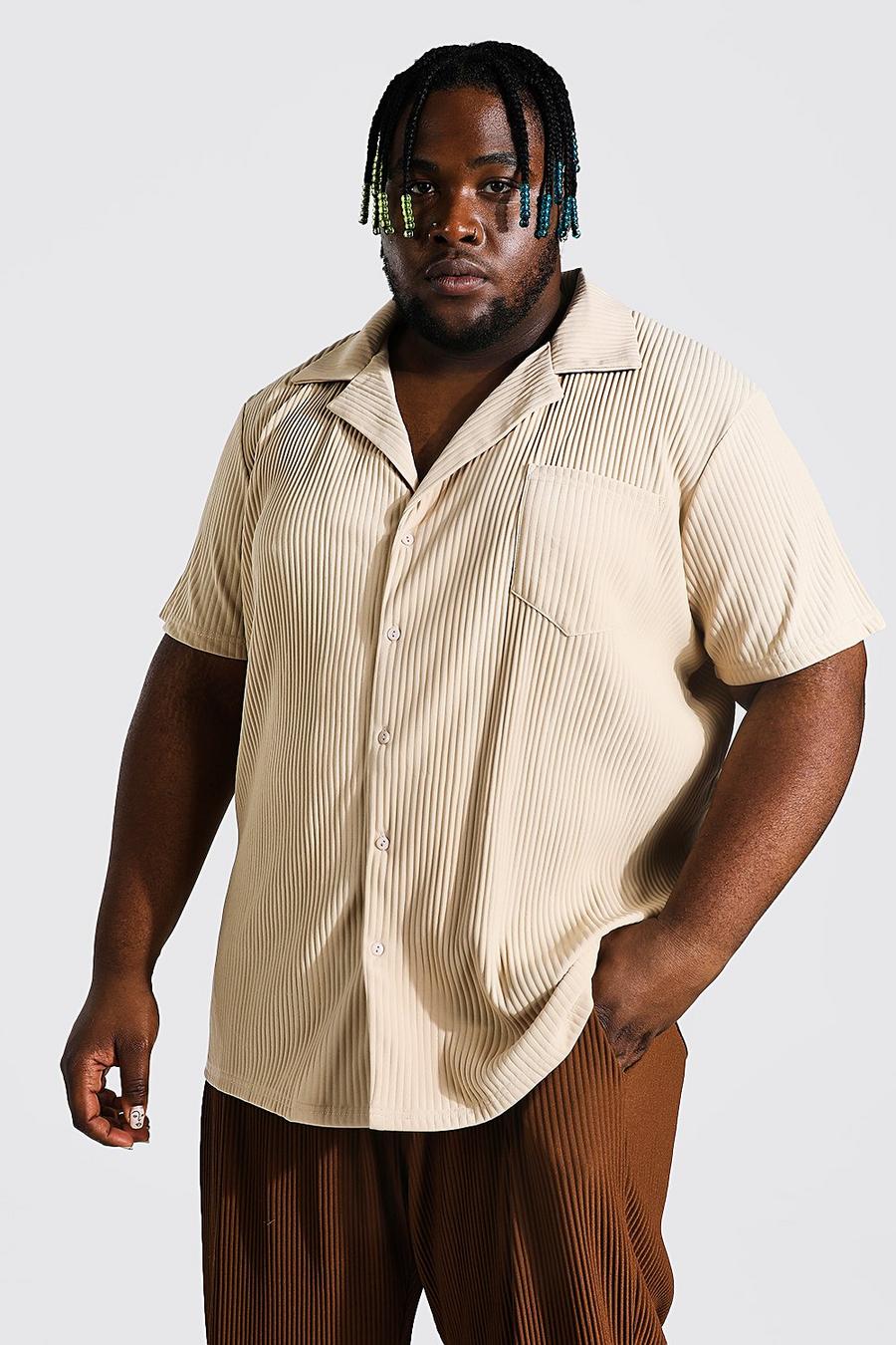 Taupe Plus Pleated Short Sleeve Revere Shirt image number 1