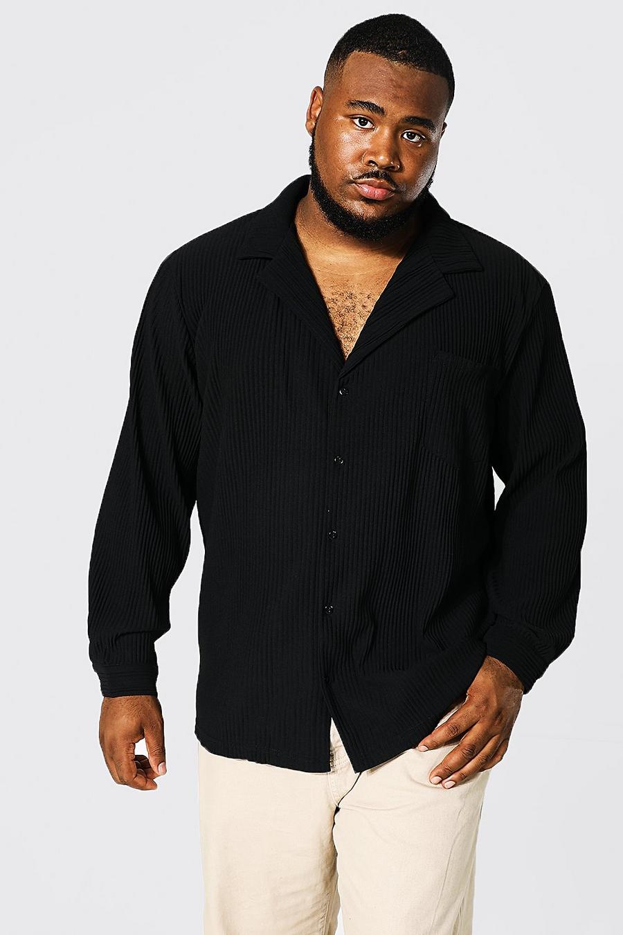 Black Plus Pleated Long Sleeve Revere Shirt image number 1